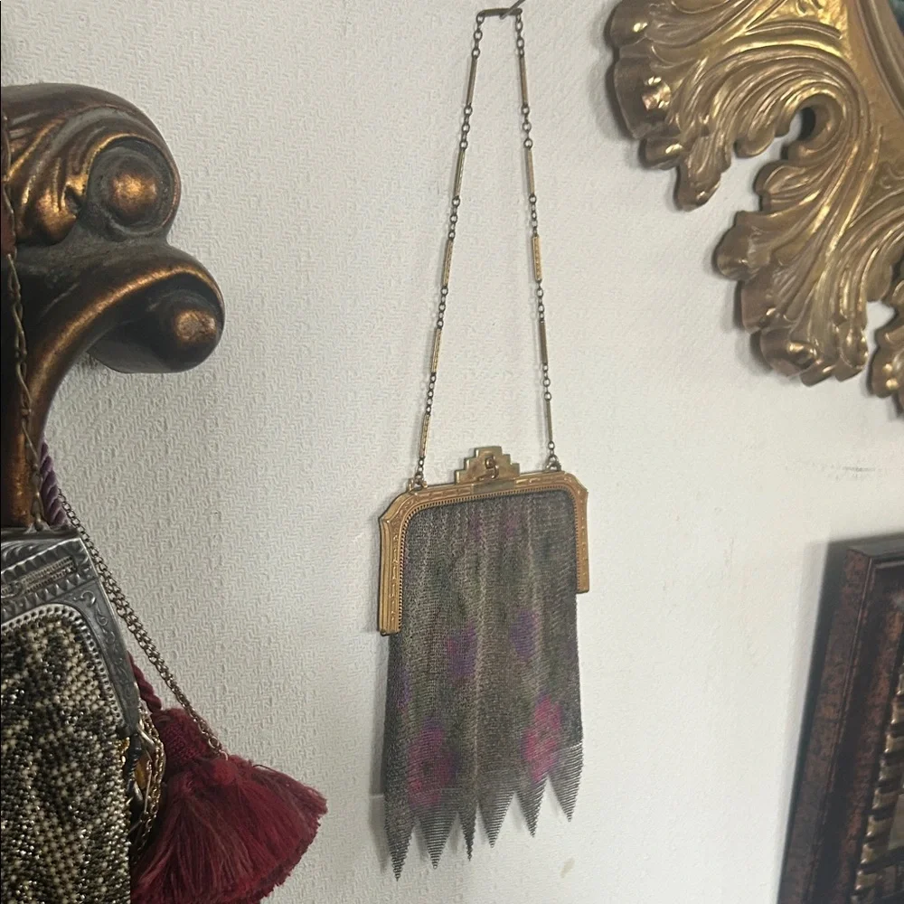 Antique Art Deco Dresden Mesh Watercolor Floral Purse Handbag - Picture 9 of 15